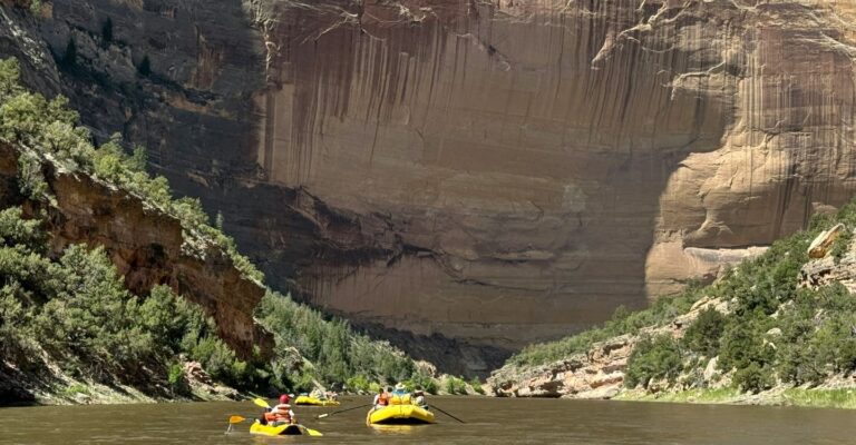 people in yellow rafts on a river with large canyon walls in the background on the Yampa River in Colorado