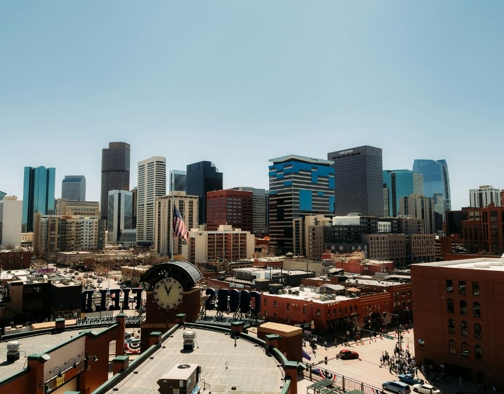 Denver skyline against a blue sky