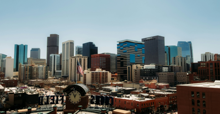 Denver city skyline of skyscrapers and smaller buildings